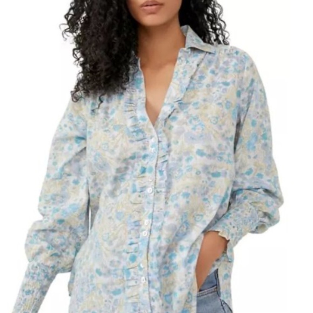 Free People Wild Gardenia Ruffle Floral Button Down Cotton Blouse Size Small